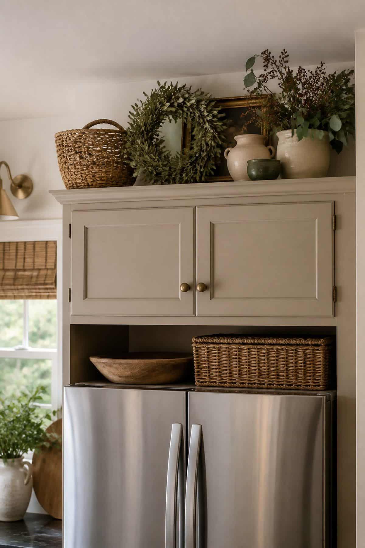 Rotate Seasonal Decorations to Keep the Space Fresh shown as a realistic Pretty Wild World image for 15 Above Fridge Storage and Decor Ideas for a More Curated Home Aesthetic.