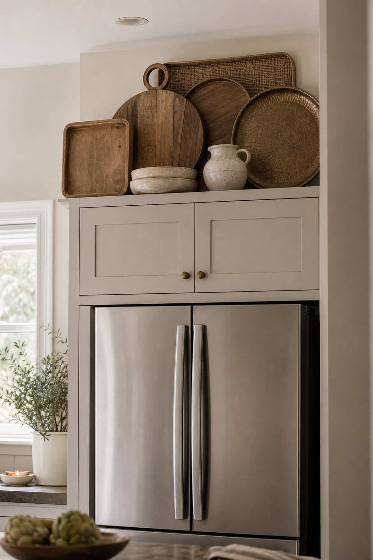 Present Decorative Trays or Serving Platters shown as a realistic Pretty Wild World image for 15 Above Fridge Storage and Decor Ideas for a More Curated Home Aesthetic.