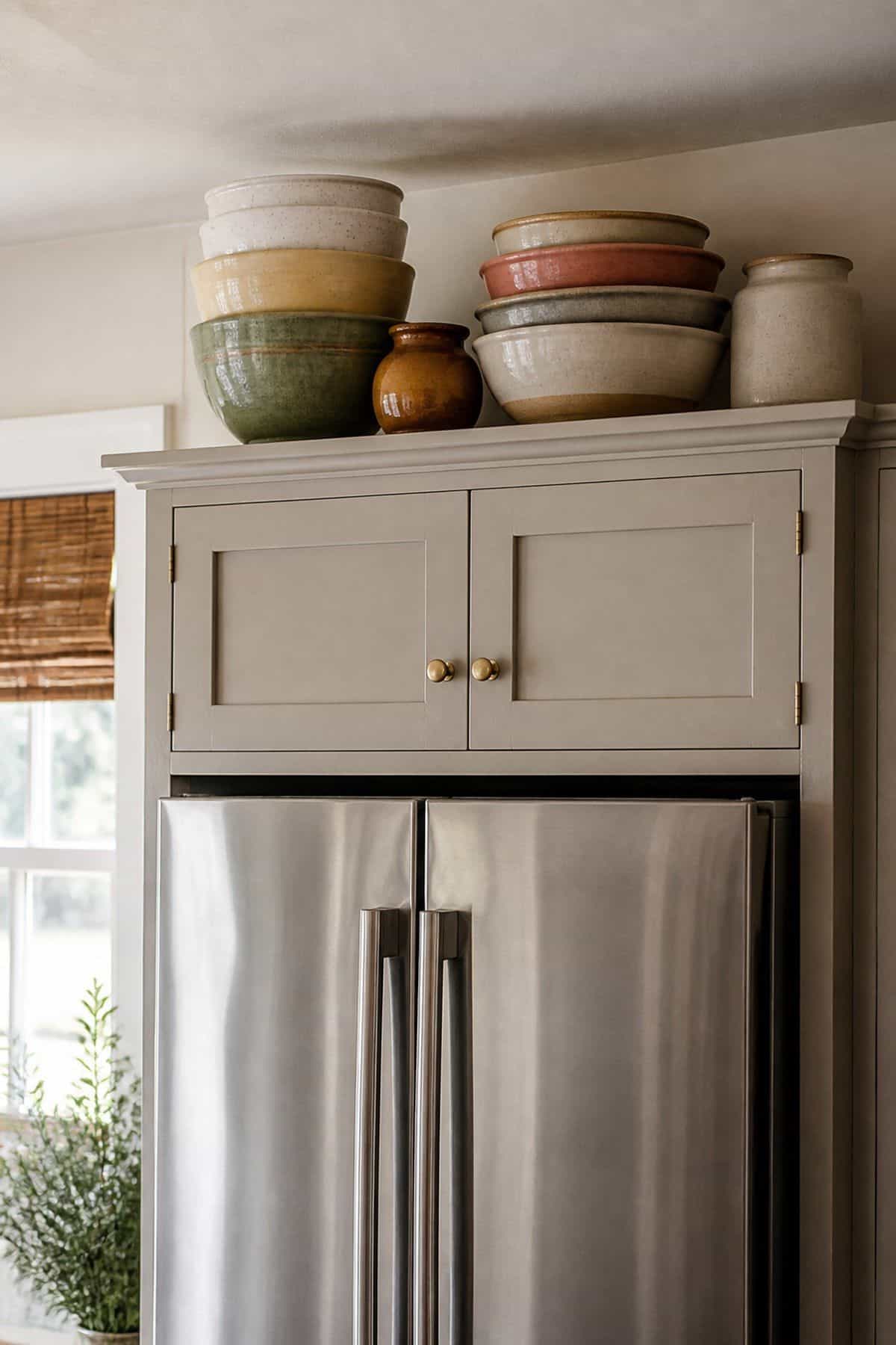 Stack Colorful Mixing or Serving Bowls for Visual Interest shown as a realistic Pretty Wild World image for 15 Above Fridge Storage and Decor Ideas for a More Curated Home Aesthetic.