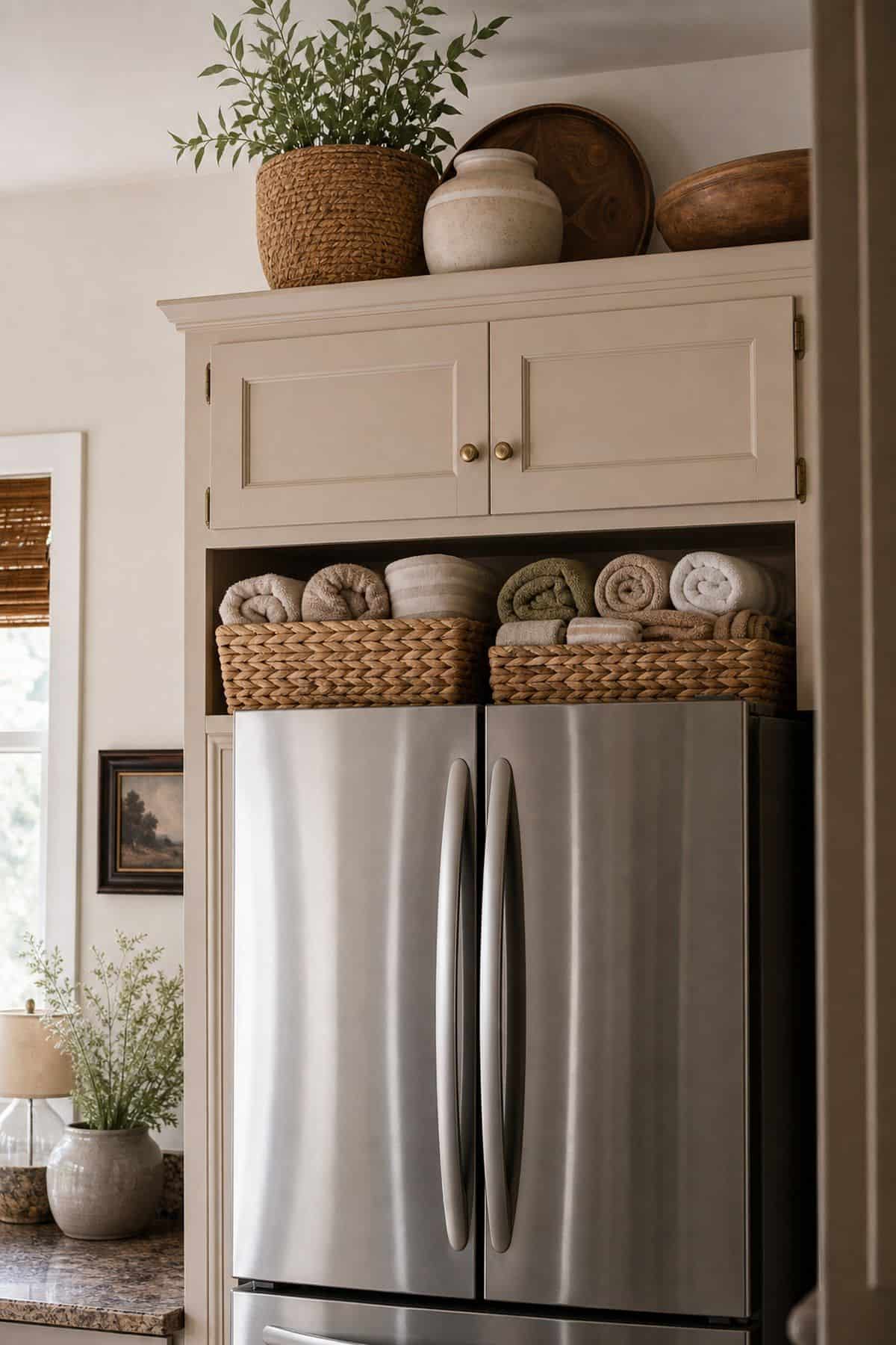 Arrange Baskets Filled with Rolled Kitchen Towels shown as a realistic Pretty Wild World image for 15 Above Fridge Storage and Decor Ideas for a More Curated Home Aesthetic.