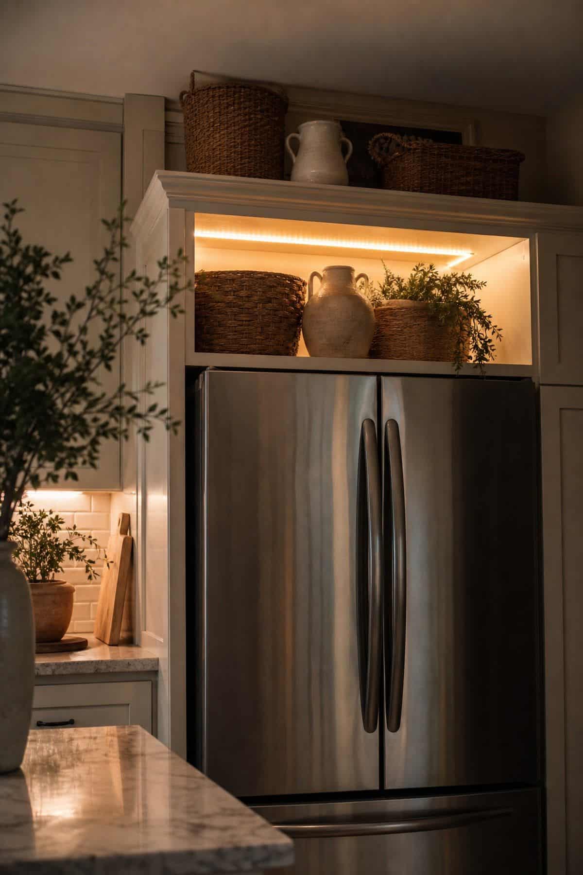 Install Ambient Lighting Such as LED Strip Lights shown as a realistic Pretty Wild World image for 15 Above Fridge Storage and Decor Ideas for a More Curated Home Aesthetic.