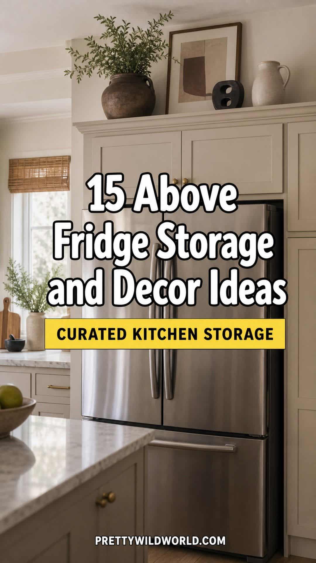 Pinterest pin for 15 Above Fridge Storage and Decor Ideas for a More Curated Home Aesthetic from Pretty Wild World.