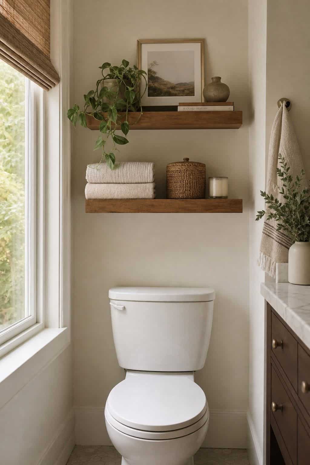 Mount Floating Shelves Above the Toilet for Both Storage and Decoration shown as a realistic Pretty Wild World image for 15 Above Toilet Storage Ideas for a Fresh, Spa-Like Bathroom.