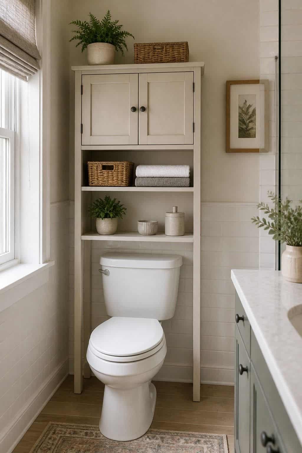 Use a Narrow Cabinet or Shelving Unit Designed to Fit Over the Toilet shown as a realistic Pretty Wild World image for 15 Above Toilet Storage Ideas for a Fresh, Spa-Like Bathroom.