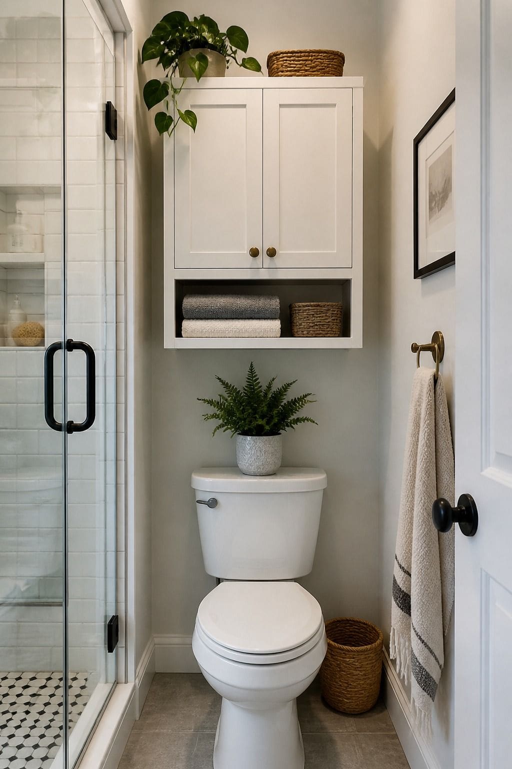 Add a Small Cupboard with Doors to Hide Clutter shown as a realistic Pretty Wild World image for 15 Above Toilet Storage Ideas for a Fresh, Spa-Like Bathroom.