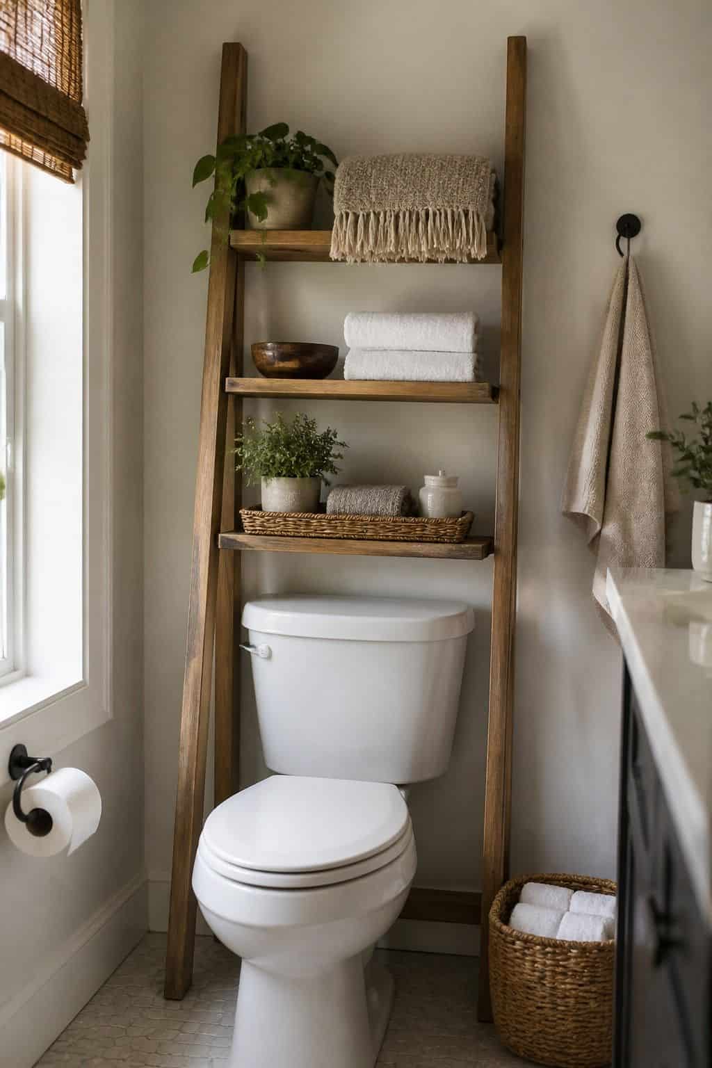 Hang a Decorative Ladder-Style Shelf for Towels and Accents shown as a realistic Pretty Wild World image for 15 Above Toilet Storage Ideas for a Fresh, Spa-Like Bathroom.
