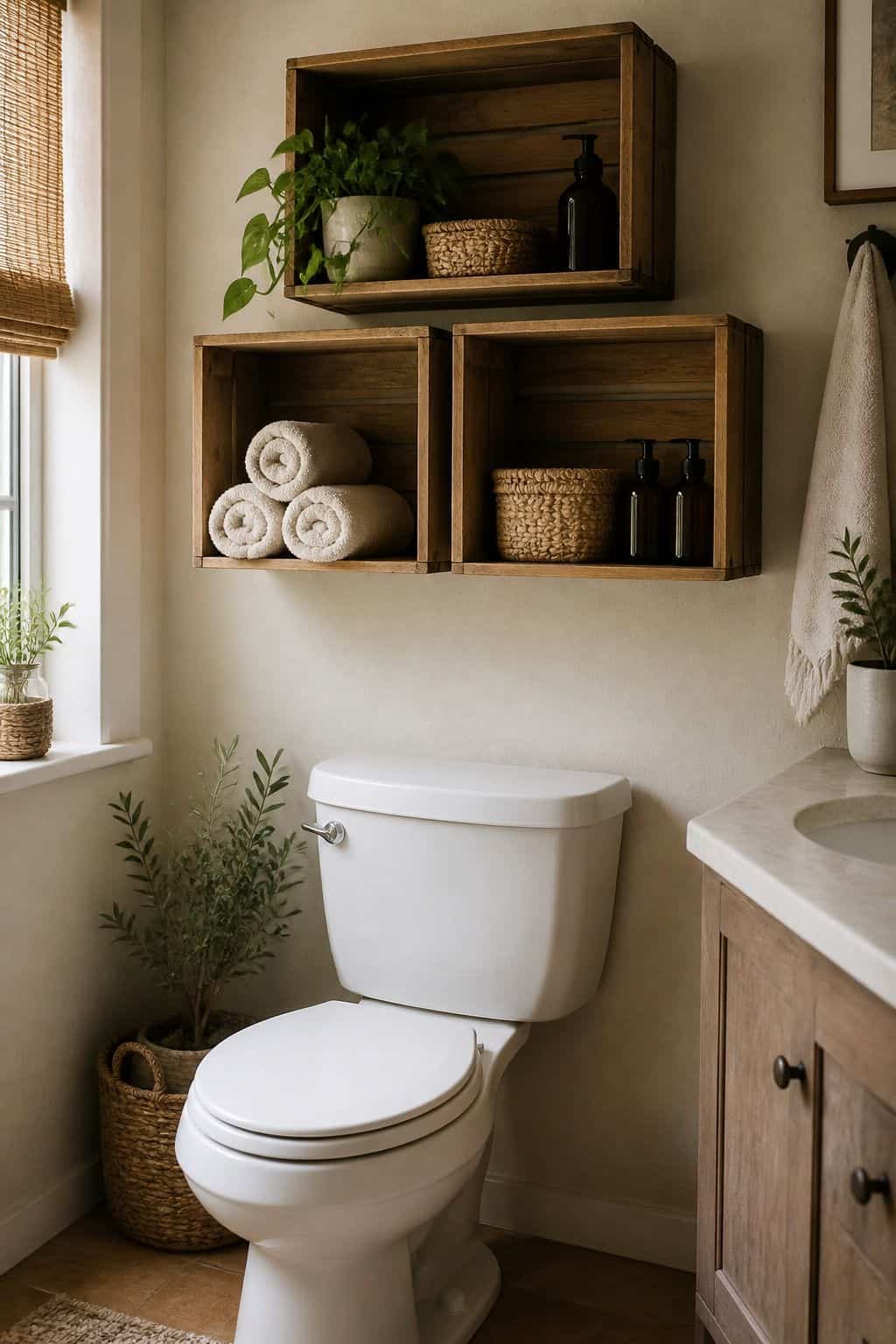 Use Open Wooden Crates or Boxes for Rustic Storage Solutions shown as a realistic Pretty Wild World image for 15 Above Toilet Storage Ideas for a Fresh, Spa-Like Bathroom.
