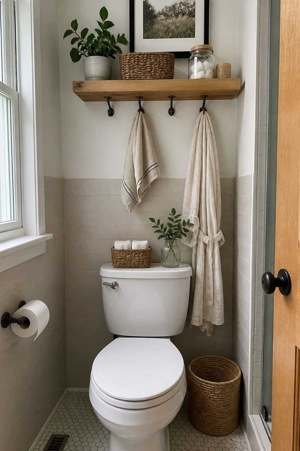 Install Hooks Beneath Shelves for Hanging Towels or Robes shown as a realistic Pretty Wild World image for 15 Above Toilet Storage Ideas for a Fresh, Spa-Like Bathroom.