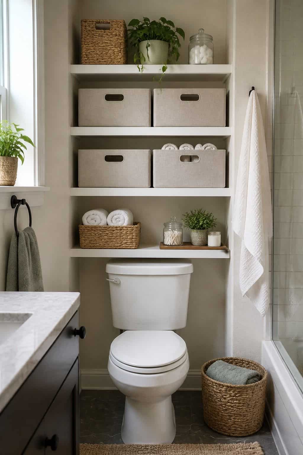 Stack Storage Bins to Keep Items Orderly and Accessible shown as a realistic Pretty Wild World image for 15 Above Toilet Storage Ideas for a Fresh, Spa-Like Bathroom.