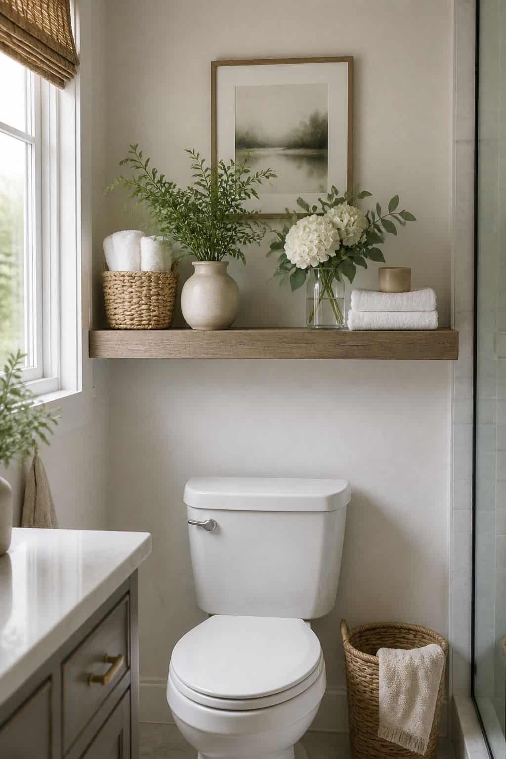 Include a Small Plant or Floral Arrangement for Freshness shown as a realistic Pretty Wild World image for 15 Above Toilet Storage Ideas for a Fresh, Spa-Like Bathroom.
