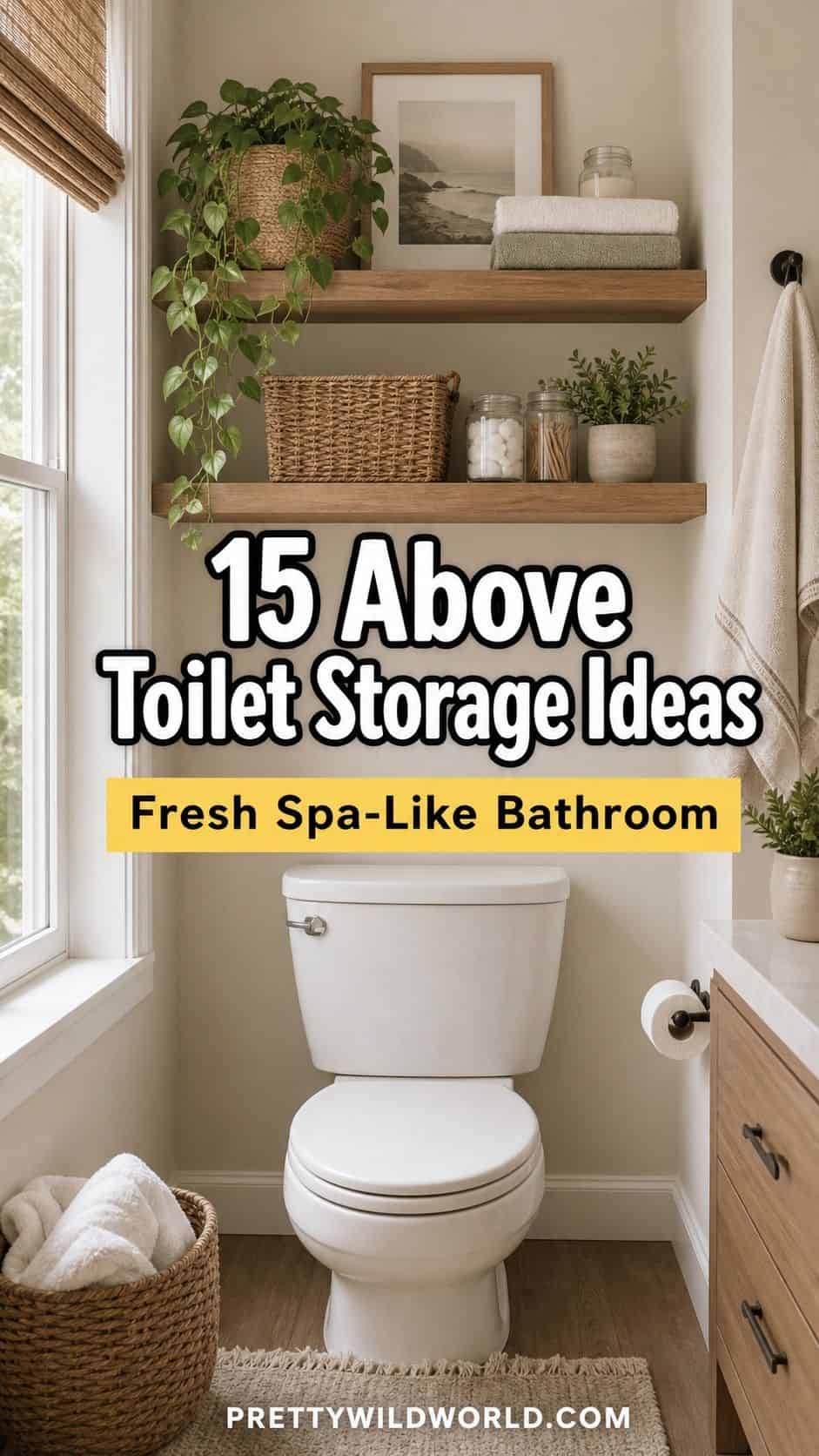 Pinterest pin for 15 Above Toilet Storage Ideas for a Fresh, Spa-Like Bathroom from Pretty Wild World.