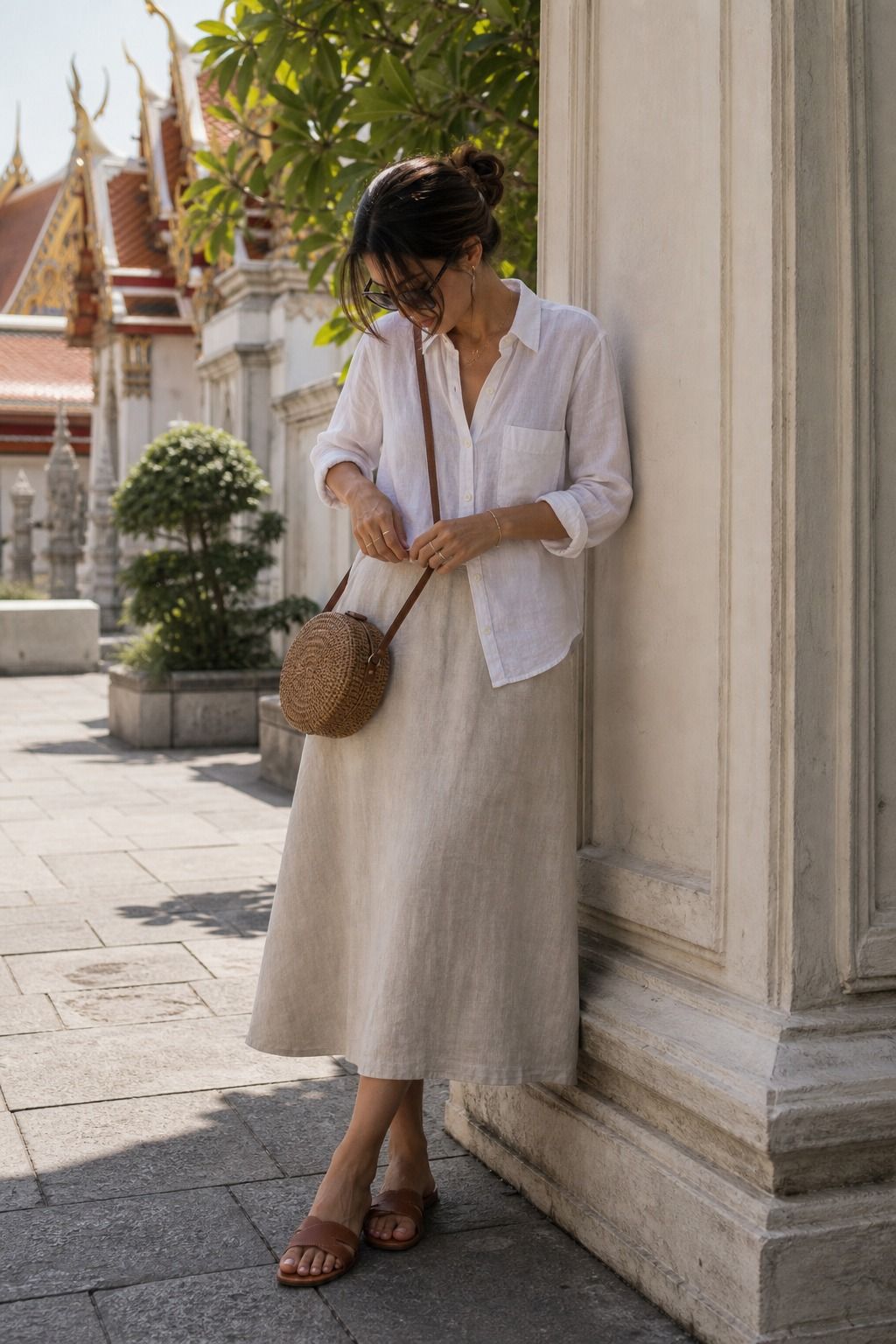 The Linen Shirt and Midi Skirt Temple Set shown as a realistic Pretty Wild World image for 15 Bangkok Outfit Ideas.