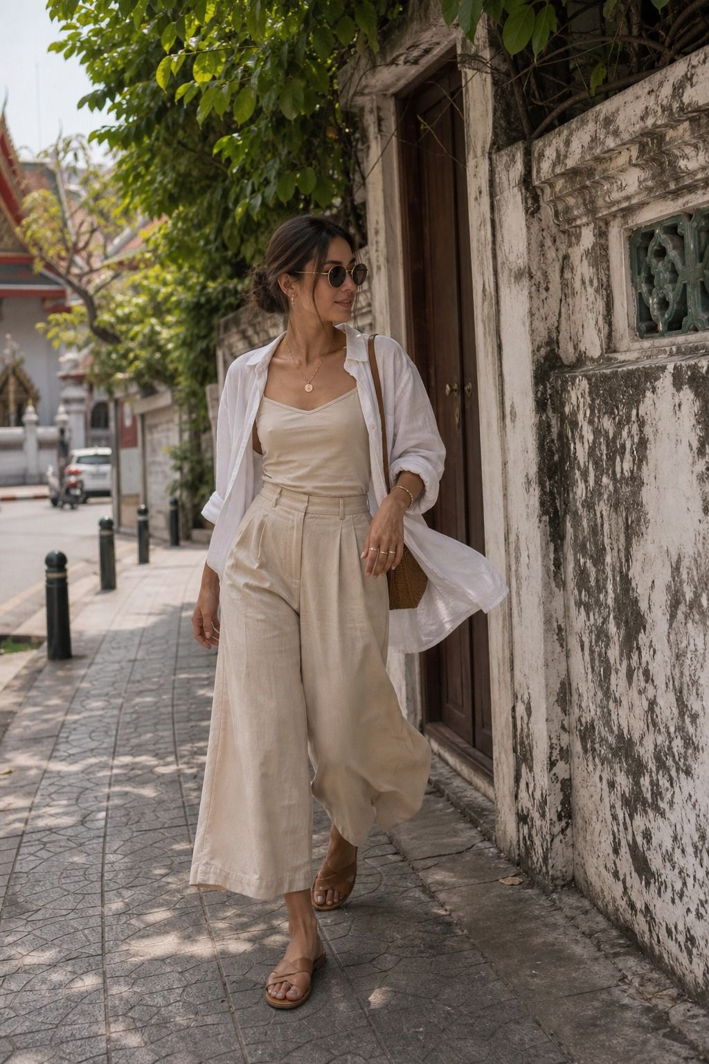 Culottes, a Camisole, and a Linen Overshirt shown as a realistic Pretty Wild World image for 15 Bangkok Outfit Ideas.