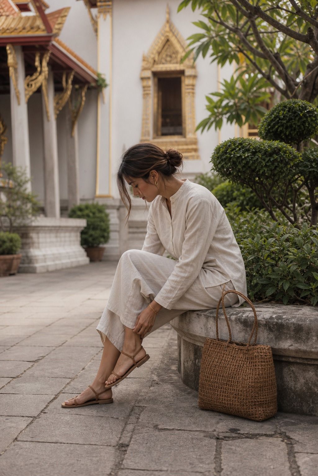 The Modest Two-Piece Linen Set shown as a realistic Pretty Wild World image for 15 Bangkok Outfit Ideas.