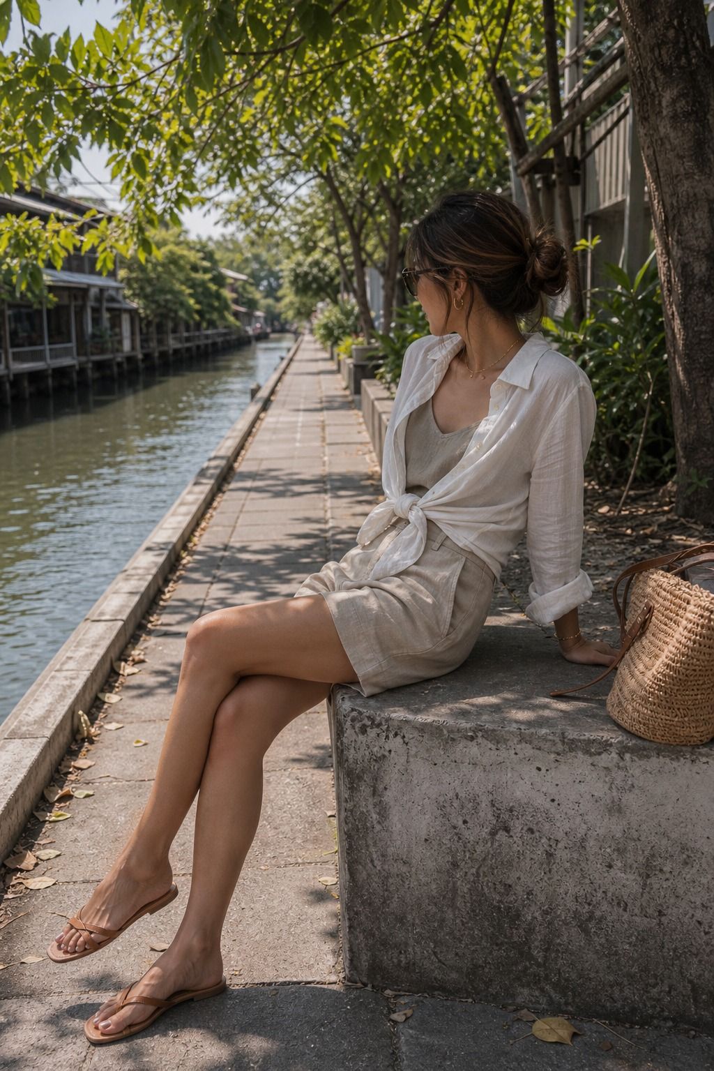 Linen Shorts, a Loose Tank, and a Tied Overshirt shown as a realistic Pretty Wild World image for 15 Bangkok Outfit Ideas.