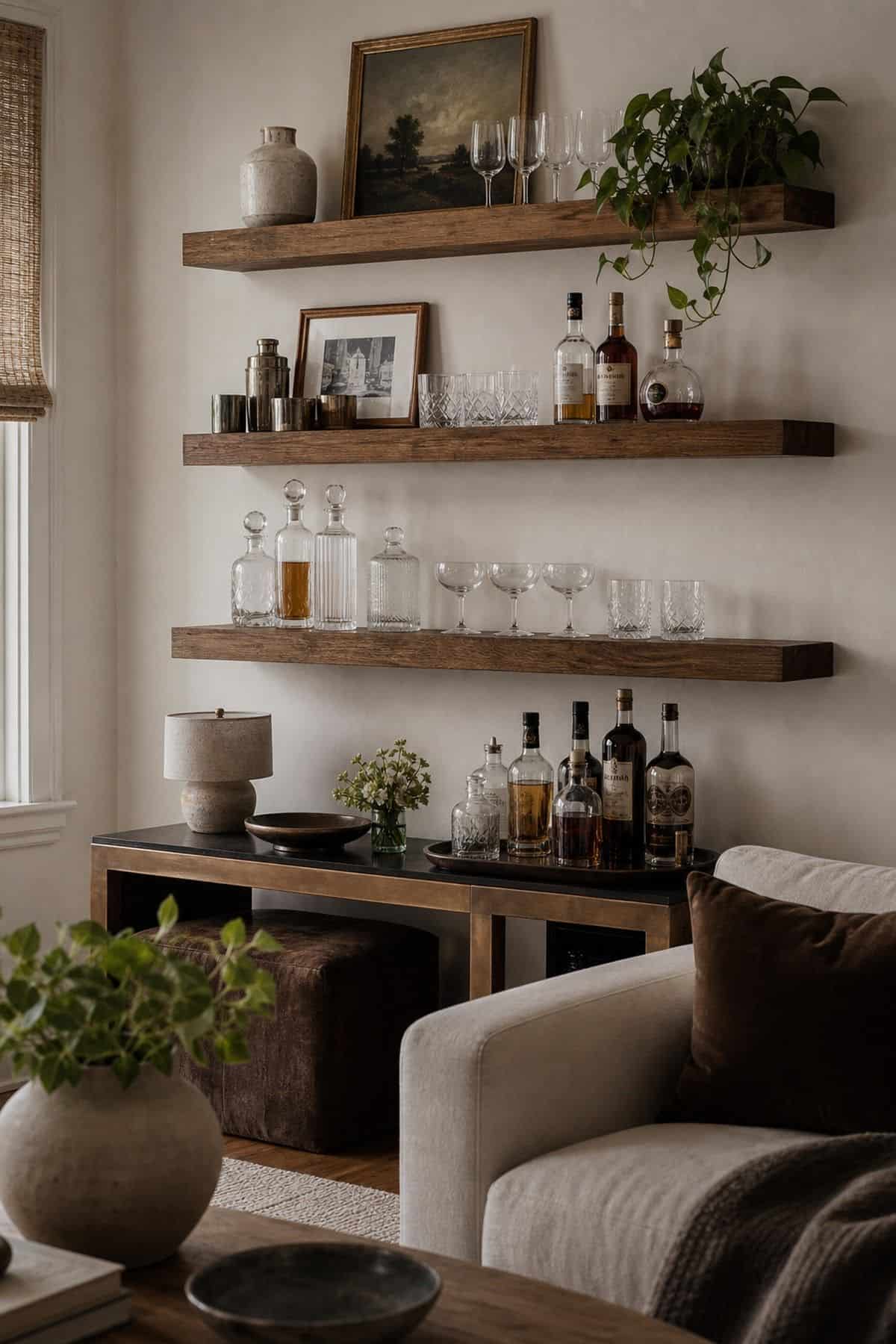 Wall-Mounted Floating Shelves for Liquor and Glassware shown as a realistic Pretty Wild World image for 15 Bar Ideas for Home Living Rooms for a More Curated Home Aesthetic.