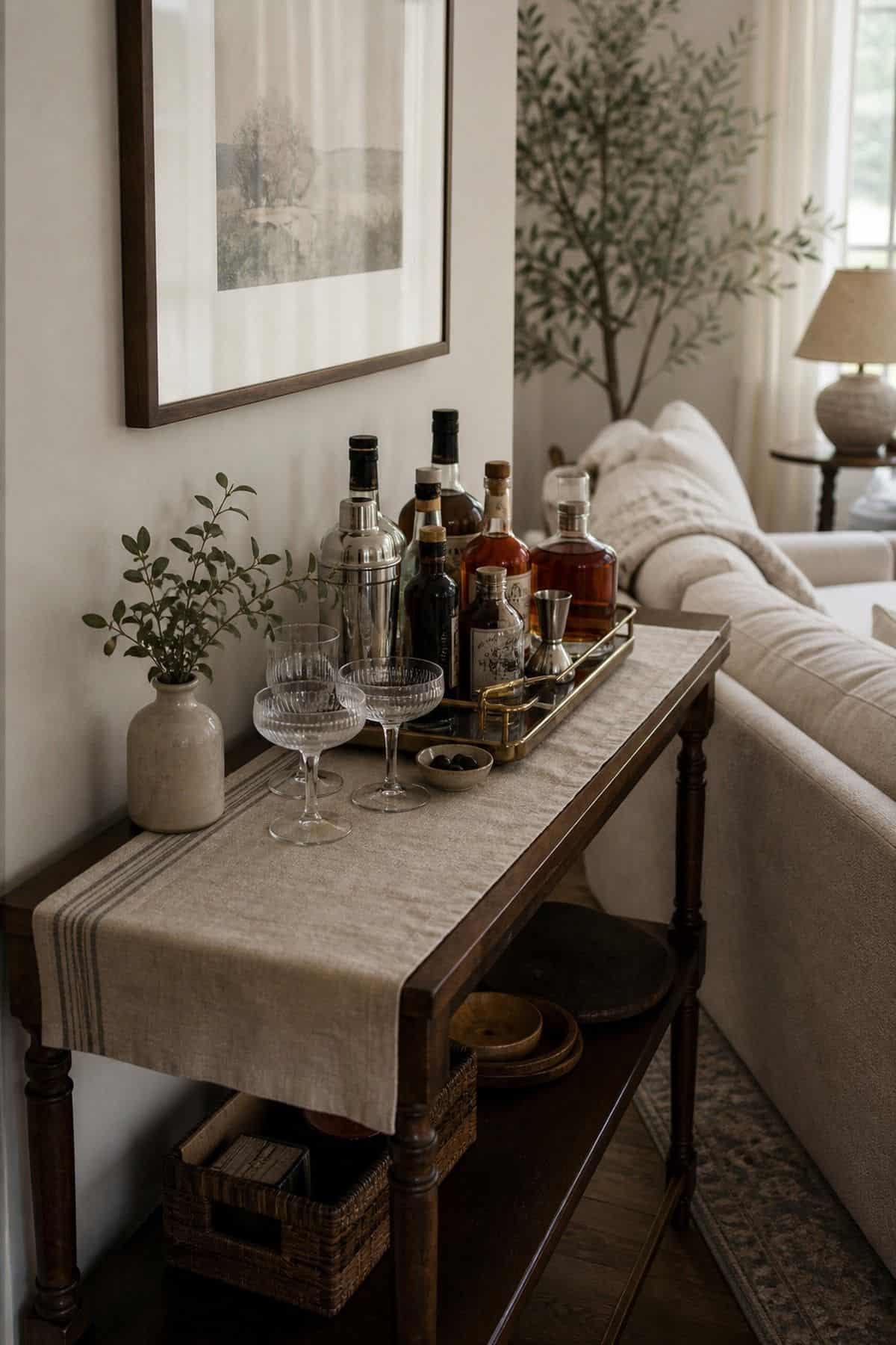 Use a Console Table to Display Bottles and Bar Tools shown as a realistic Pretty Wild World image for 15 Bar Ideas for Home Living Rooms for a More Curated Home Aesthetic.