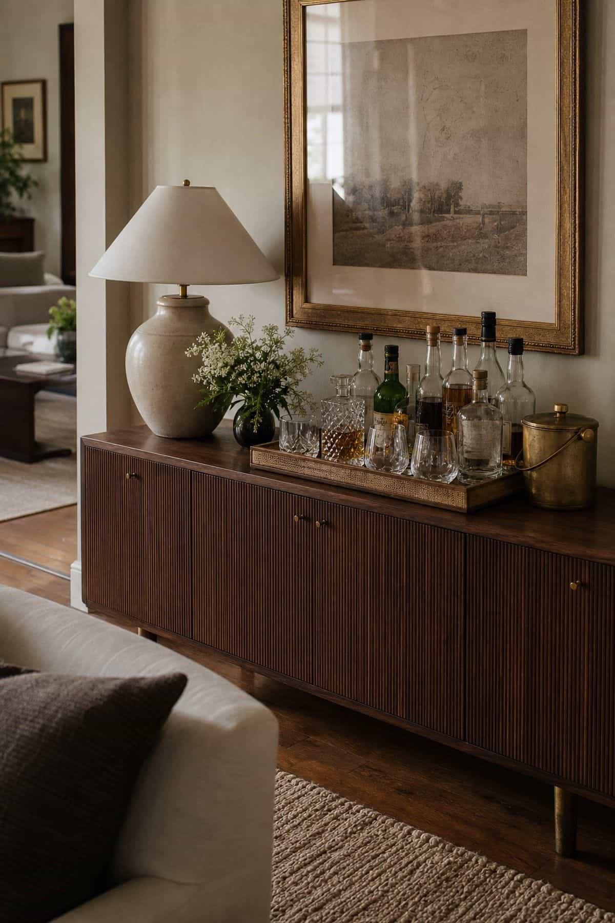 Sideboard That Doubles as a Drink Station shown as a realistic Pretty Wild World image for 15 Bar Ideas for Home Living Rooms for a More Curated Home Aesthetic.