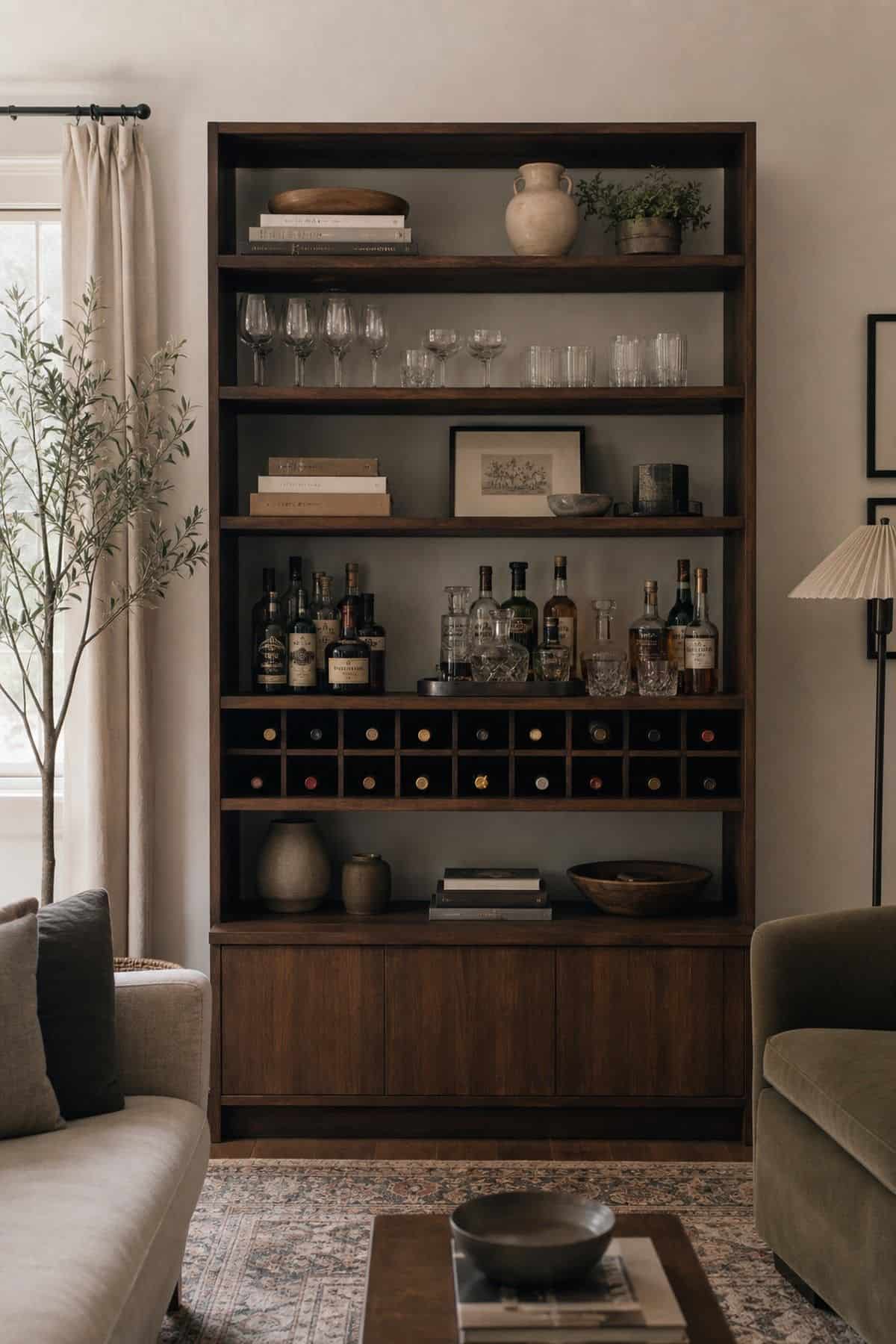 Tall Bookcase-Style Unit for Organizing Wine and Cocktails shown as a realistic Pretty Wild World image for 15 Bar Ideas for Home Living Rooms for a More Curated Home Aesthetic.