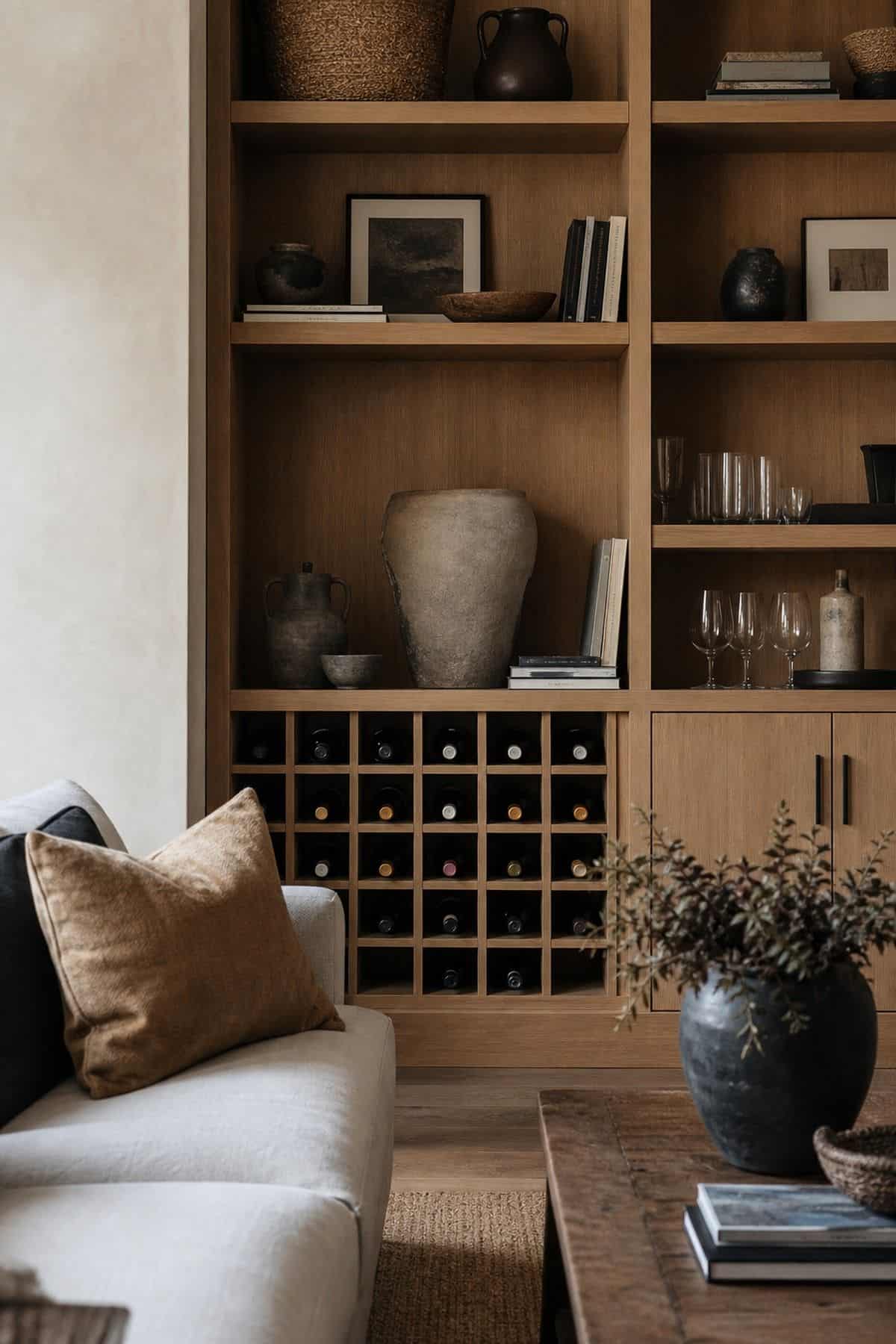 Wine Rack Built Into the Living Room Shelving shown as a realistic Pretty Wild World image for 15 Bar Ideas for Home Living Rooms for a More Curated Home Aesthetic.