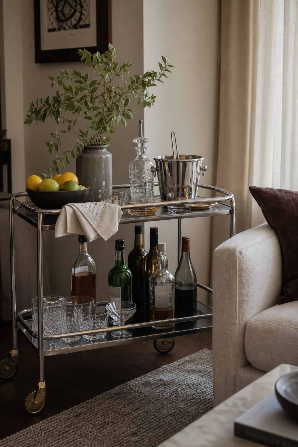 Rolling Drink Trolley for Portable Entertaining shown as a realistic Pretty Wild World image for 15 Bar Ideas for Home Living Rooms for a More Curated Home Aesthetic.