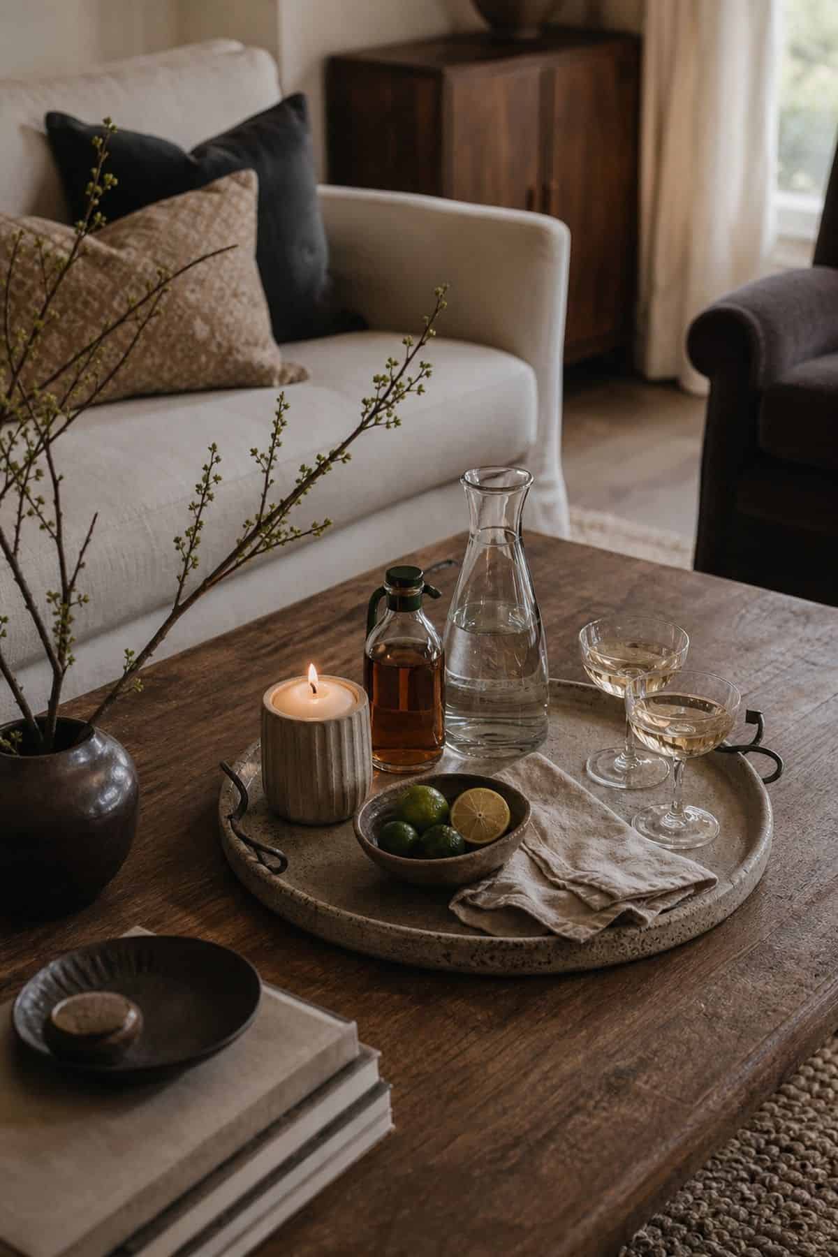 Decorative Tray on the Coffee Table for Serving Drinks shown as a realistic Pretty Wild World image for 15 Bar Ideas for Home Living Rooms for a More Curated Home Aesthetic.