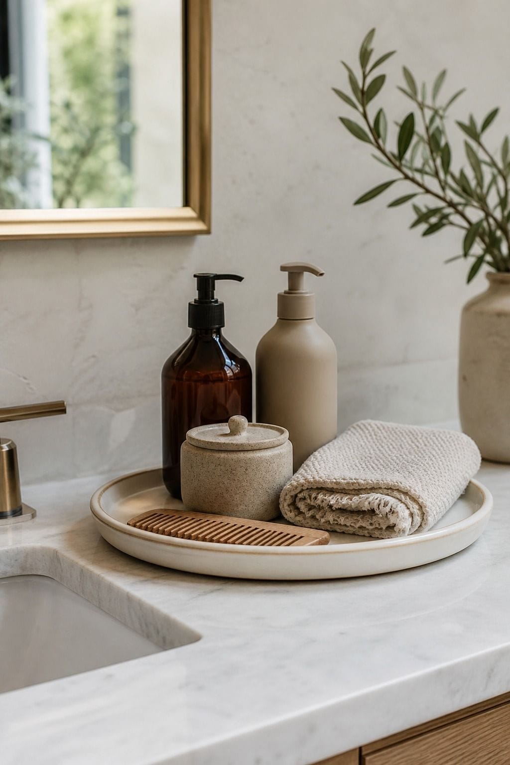 Organize Daily Items on a Decorative Platter shown as a realistic Pretty Wild World image for 15 Bathroom Counter Decor Ideas for a Fresh, Spa-Like Bathroom.