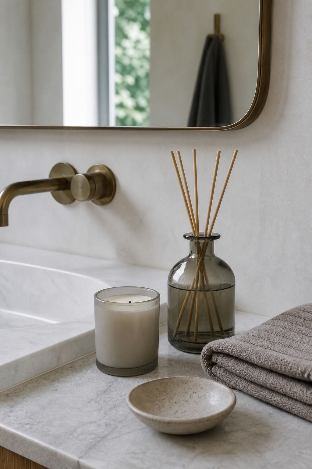 Set Out a Fragrant Candle or Stick Diffuser shown as a realistic Pretty Wild World image for 15 Bathroom Counter Decor Ideas for a Fresh, Spa-Like Bathroom.