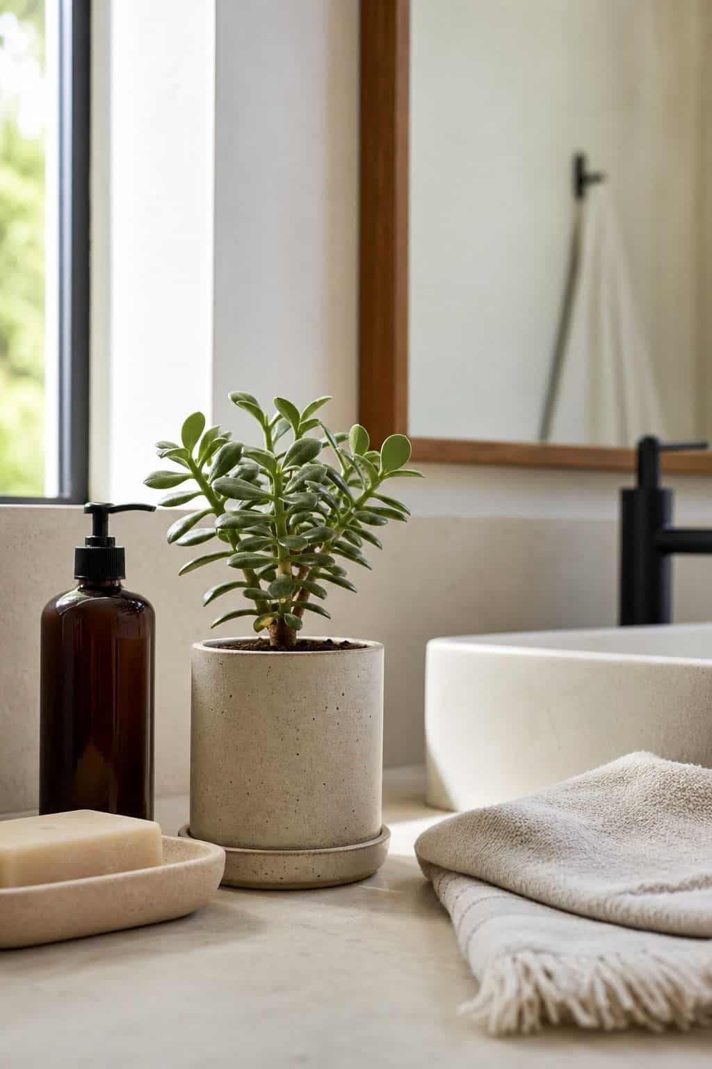 Add a Tiny Plant or Succulent for a Fresh Look shown as a realistic Pretty Wild World image for 15 Bathroom Counter Decor Ideas for a Fresh, Spa-Like Bathroom.