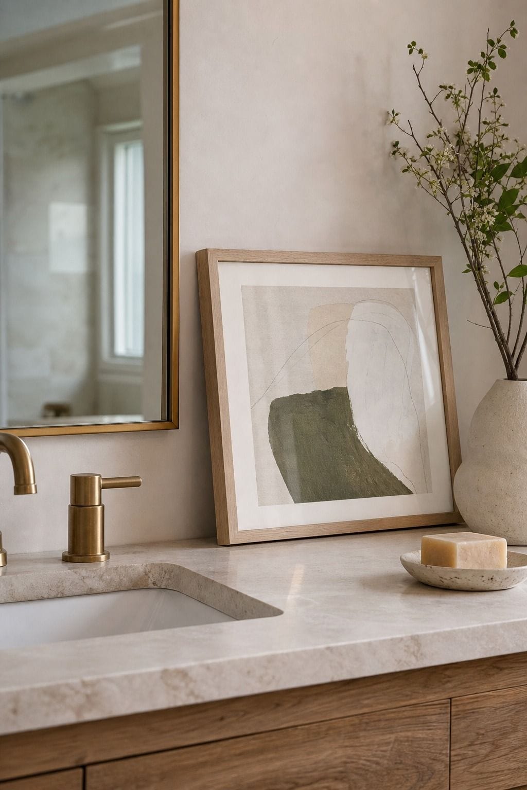Prop Up a Framed Quote or Small Artwork shown as a realistic Pretty Wild World image for 15 Bathroom Counter Decor Ideas for a Fresh, Spa-Like Bathroom.