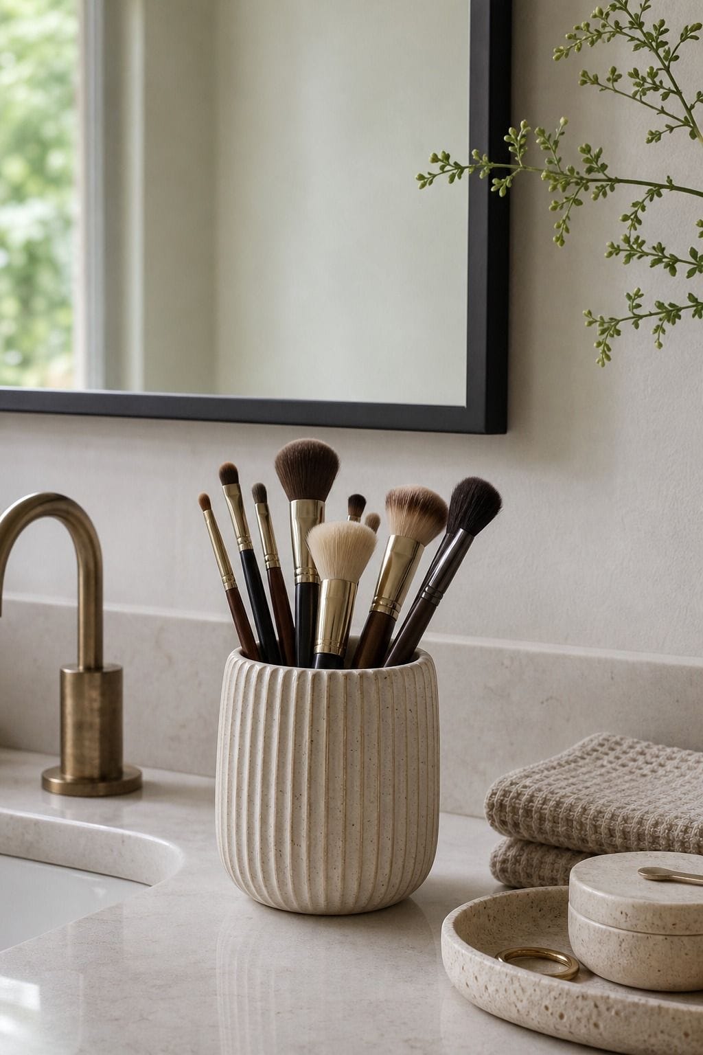 Use an Attractive Cup or Holder for Makeup Brushes shown as a realistic Pretty Wild World image for 15 Bathroom Counter Decor Ideas for a Fresh, Spa-Like Bathroom.