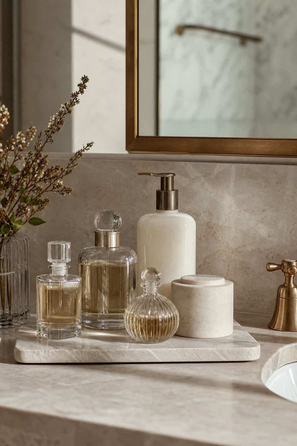 Arrange Perfumes and Lotions on a Marble or Wood Base shown as a realistic Pretty Wild World image for 15 Bathroom Counter Decor Ideas for a Fresh, Spa-Like Bathroom.