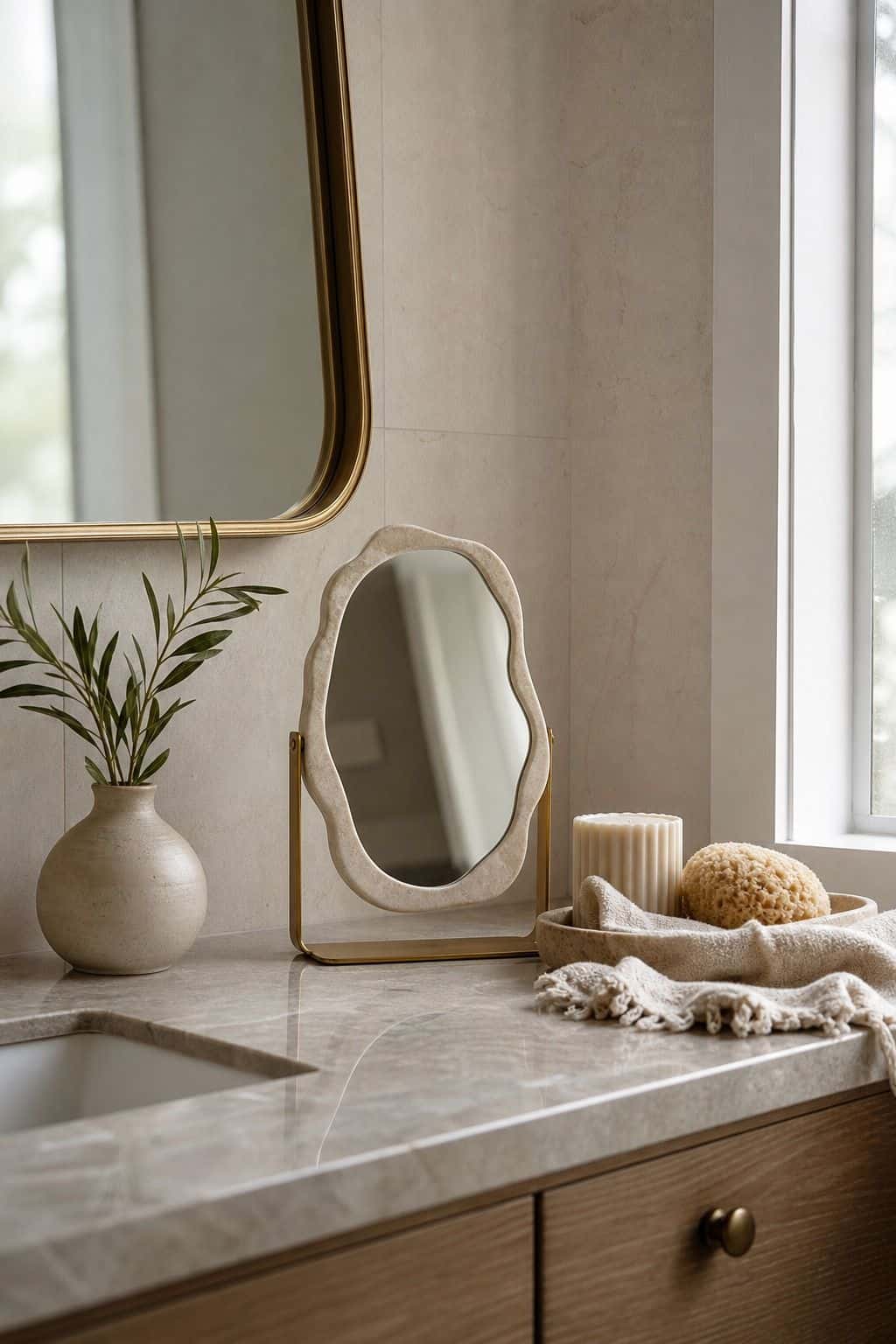 Add an Accent Mirror or Interesting Decorative Item shown as a realistic Pretty Wild World image for 15 Bathroom Counter Decor Ideas for a Fresh, Spa-Like Bathroom.