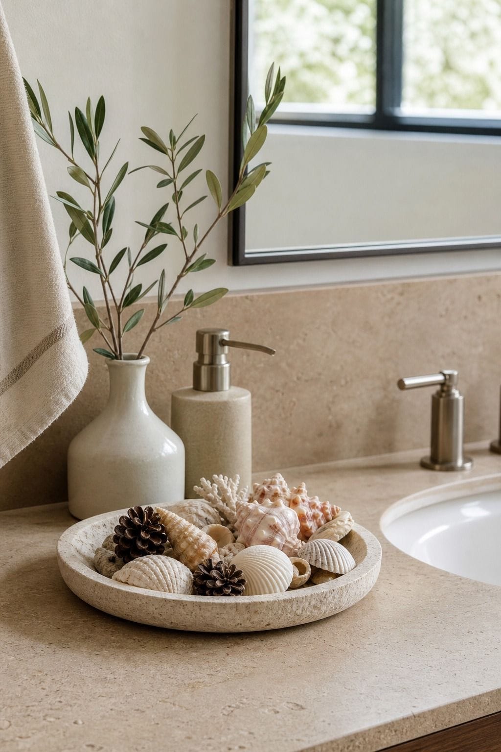 Change Out the Decor with the Seasons, Like Adding Seashells or Pinecones shown as a realistic Pretty Wild World image for 15 Bathroom Counter Decor Ideas for a Fresh, Spa-Like Bathroom.