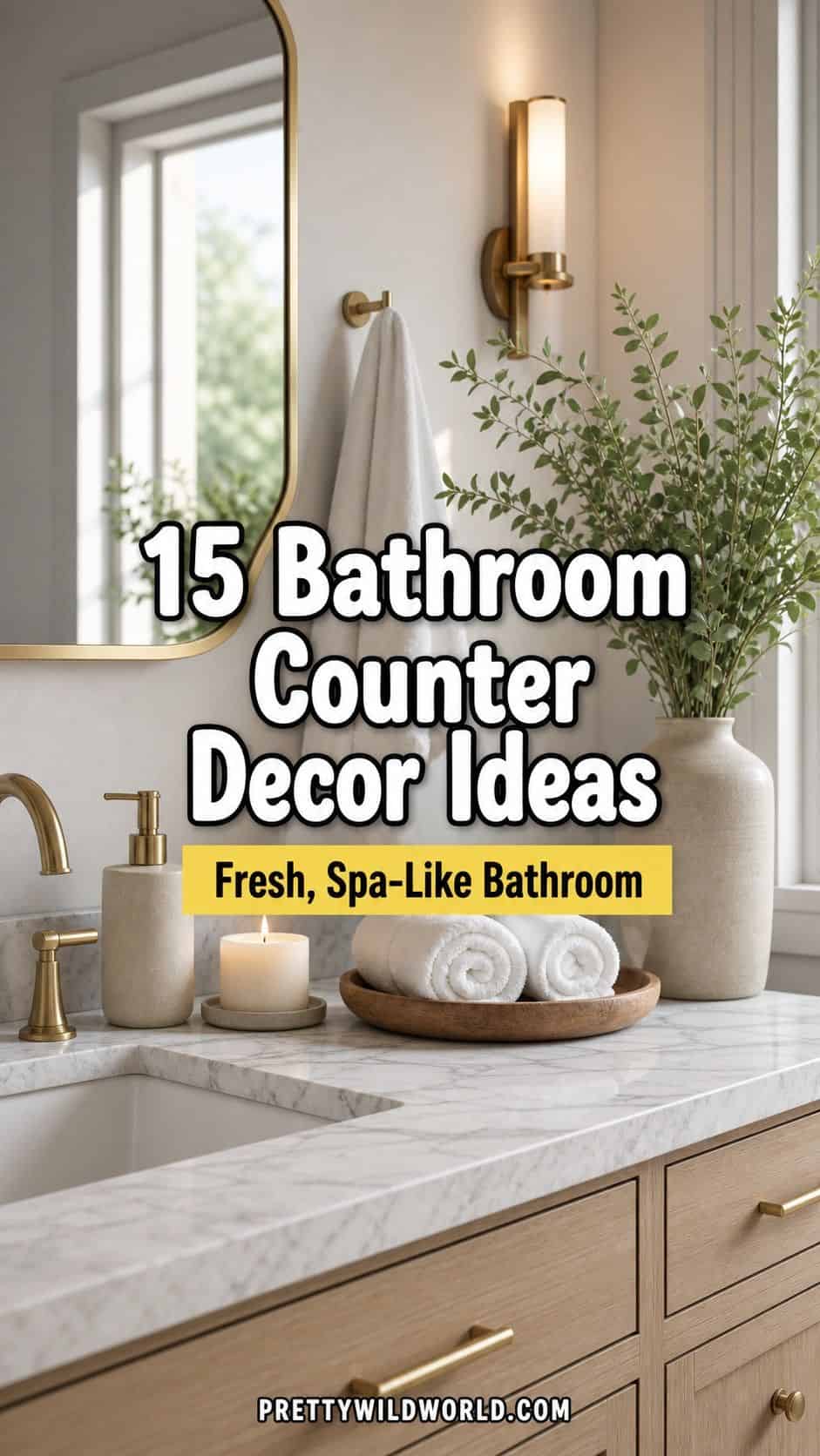 Pinterest pin for 15 Bathroom Counter Decor Ideas for a Fresh, Spa-Like Bathroom from Pretty Wild World.