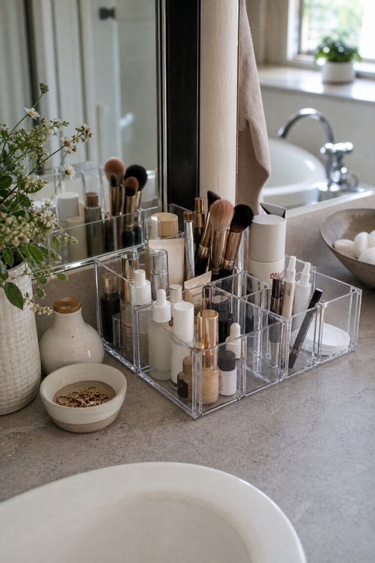 Sort Cosmetics and Toiletries in Clear Plastic Compartments shown as a realistic Pretty Wild World image for 15 Bathroom Counter Organization Ideas for a Fresh, Spa-Like Bathroom.