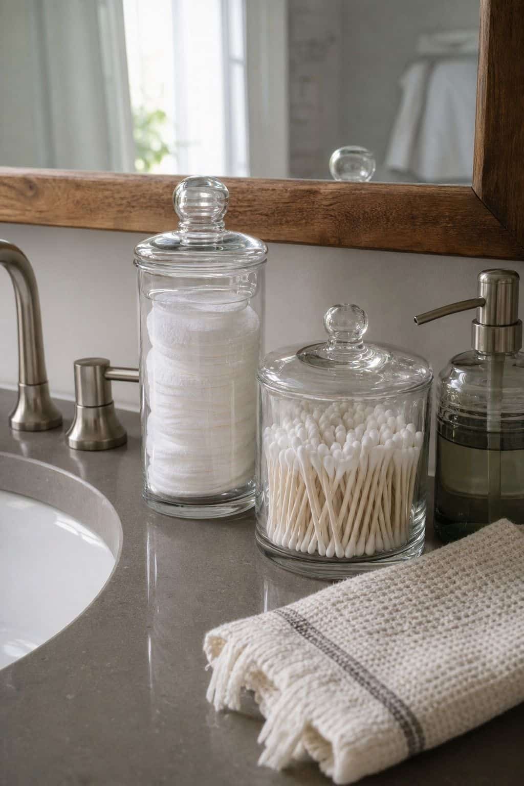 Keep Cotton Pads and Swabs in Lidded Glass Containers shown as a realistic Pretty Wild World image for 15 Bathroom Counter Organization Ideas for a Fresh, Spa-Like Bathroom.