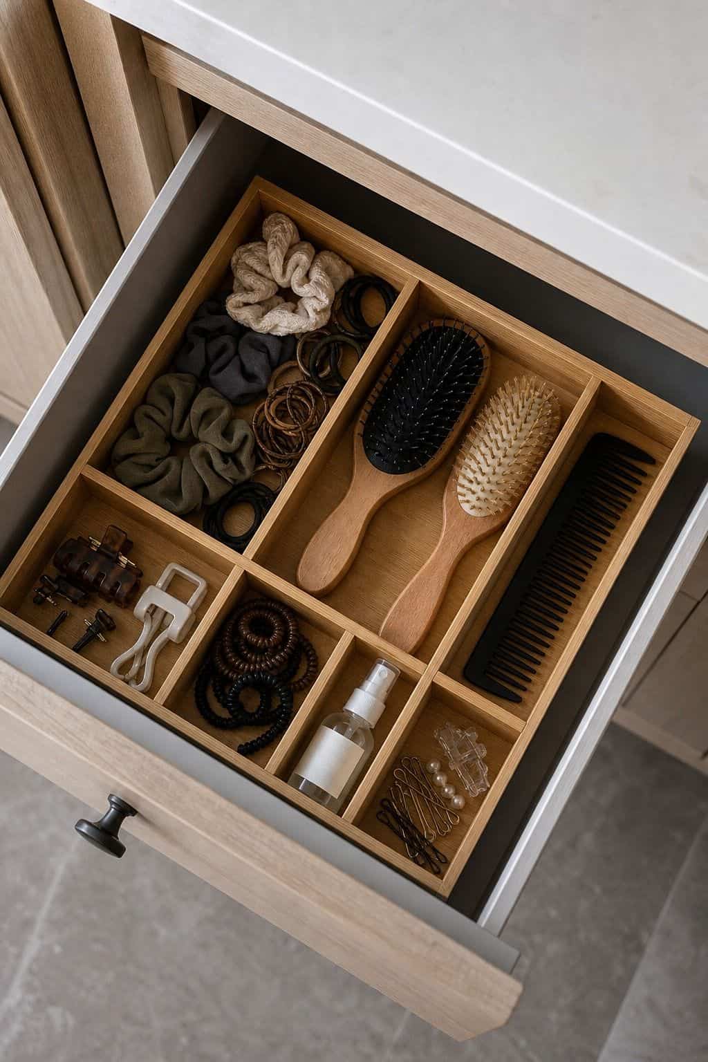 Organize Hair Ties and Brushes with a Divided Drawer Insert shown as a realistic Pretty Wild World image for 15 Bathroom Counter Organization Ideas for a Fresh, Spa-Like Bathroom.
