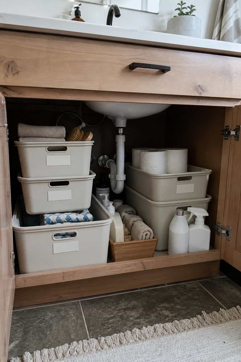 Stack Storage Bins Under the Sink for Extra Space shown as a realistic Pretty Wild World image for 15 Bathroom Counter Organization Ideas for a Fresh, Spa-Like Bathroom.
