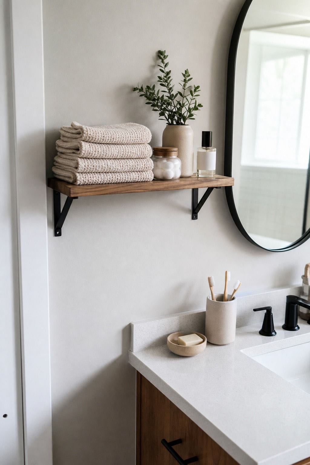 Mount a Small Shelf Above the Vanity for Additional Storage shown as a realistic Pretty Wild World image for 15 Bathroom Counter Organization Ideas for a Fresh, Spa-Like Bathroom.