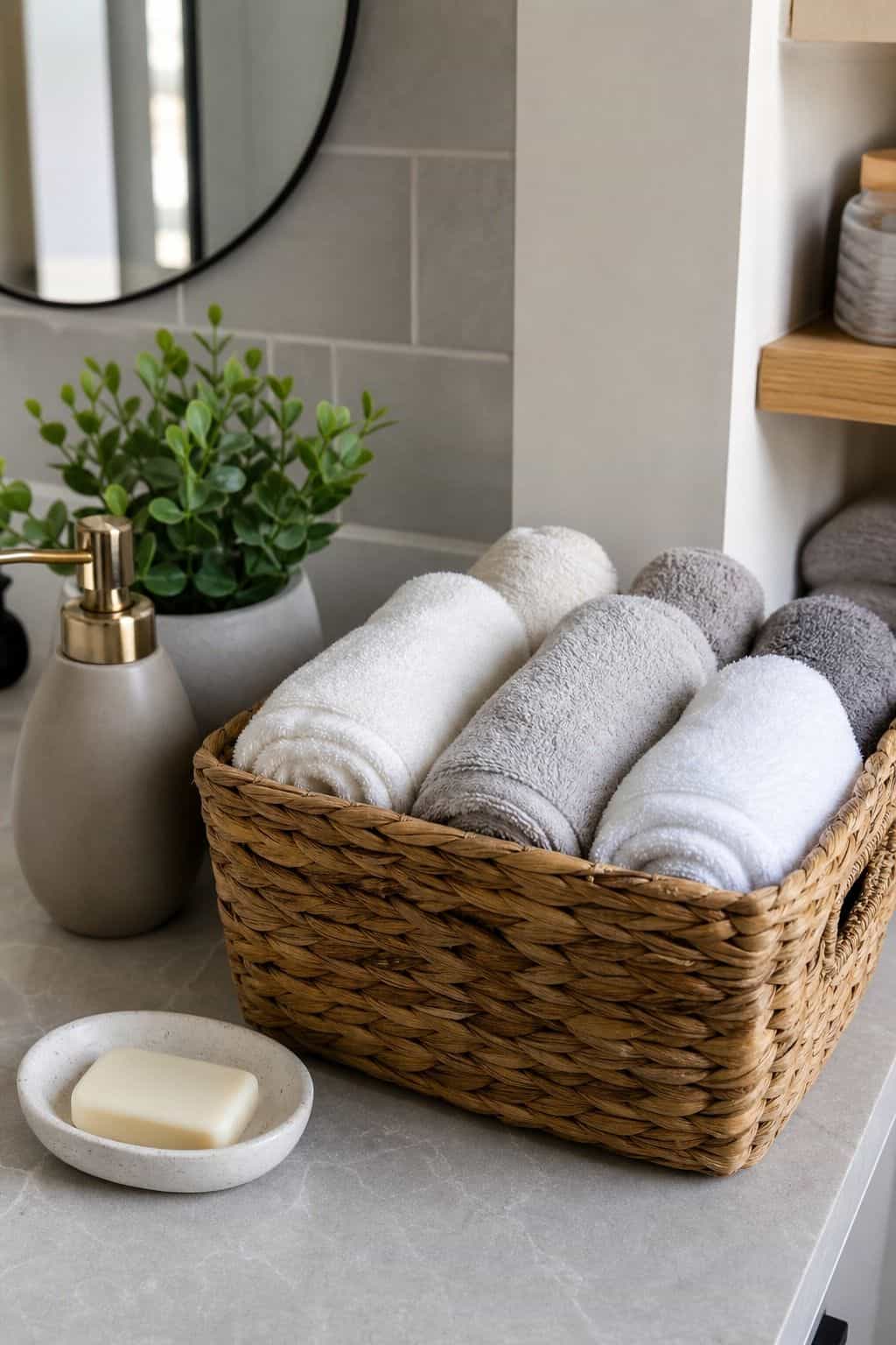 Arrange Rolled Hand Towels Neatly in a Decorative Basket shown as a realistic Pretty Wild World image for 15 Bathroom Counter Organization Ideas for a Fresh, Spa-Like Bathroom.