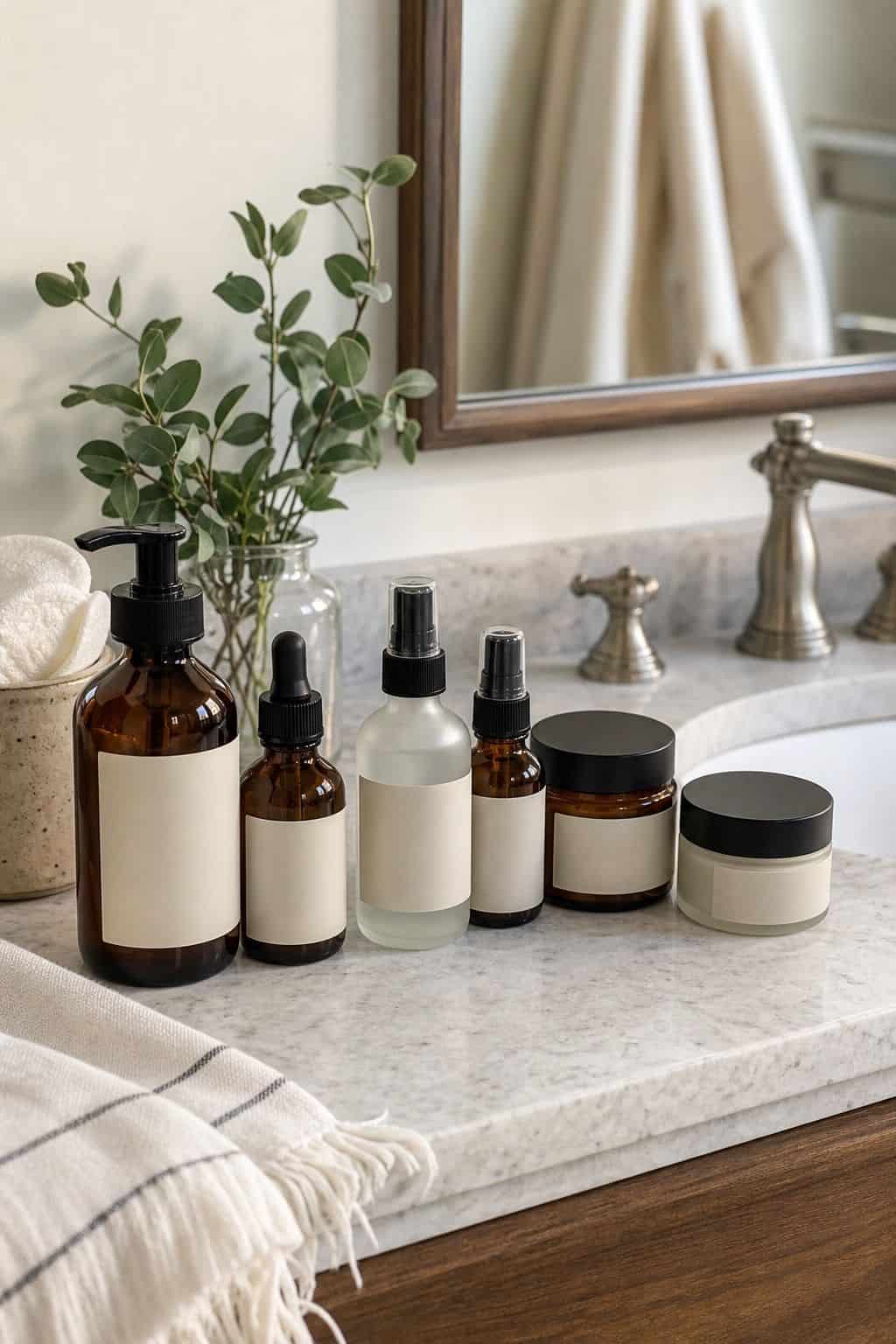 Use Labeled Jars or Bottles for Skincare Routines shown as a realistic Pretty Wild World image for 15 Bathroom Counter Organization Ideas for a Fresh, Spa-Like Bathroom.