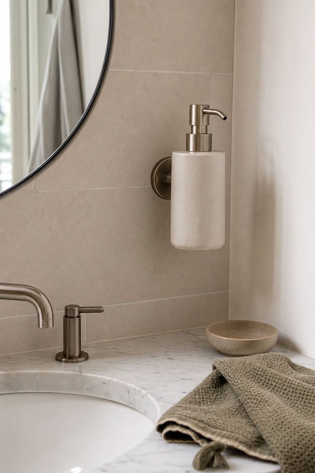 Set Up a Wall-Mounted Soap or Lotion Pump shown as a realistic Pretty Wild World image for 15 Bathroom Counter Organization Ideas for a Fresh, Spa-Like Bathroom.