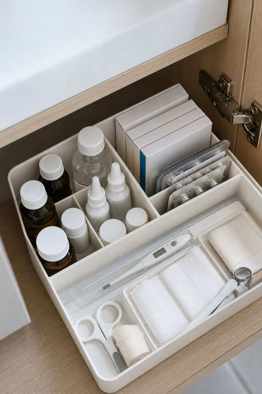 Keep Medicines Sorted in a Sectioned Organizer shown as a realistic Pretty Wild World image for 15 Bathroom Counter Organization Ideas for a Fresh, Spa-Like Bathroom.