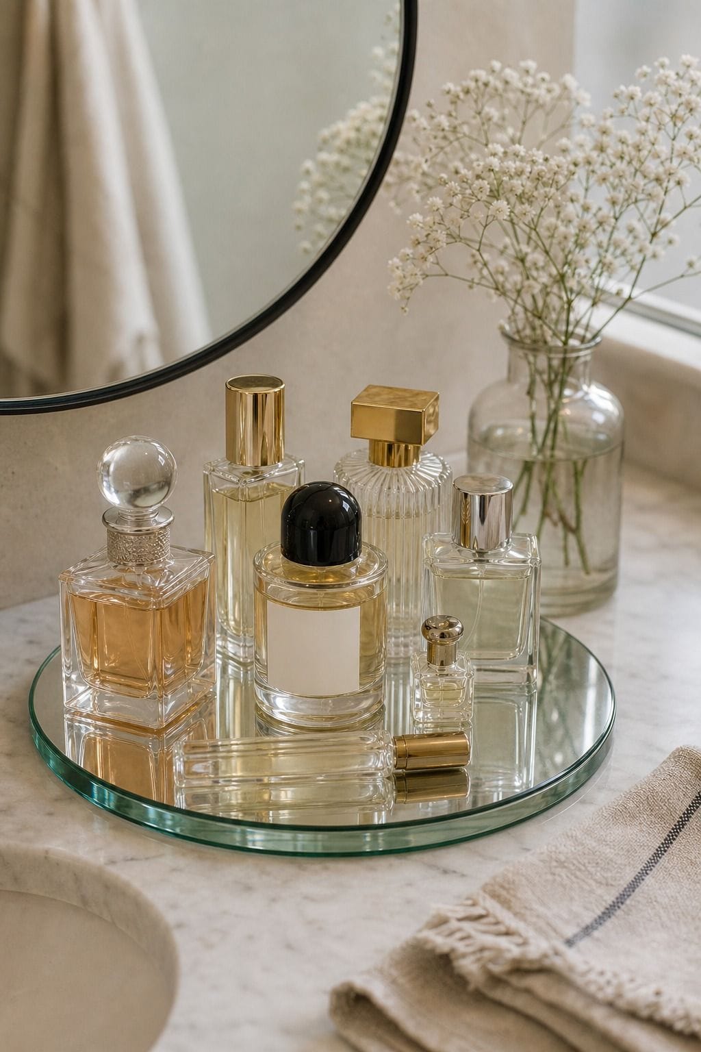 Display Perfumes on a Glass or Mirrored Plate shown as a realistic Pretty Wild World image for 15 Bathroom Counter Organization Ideas for a Fresh, Spa-Like Bathroom.