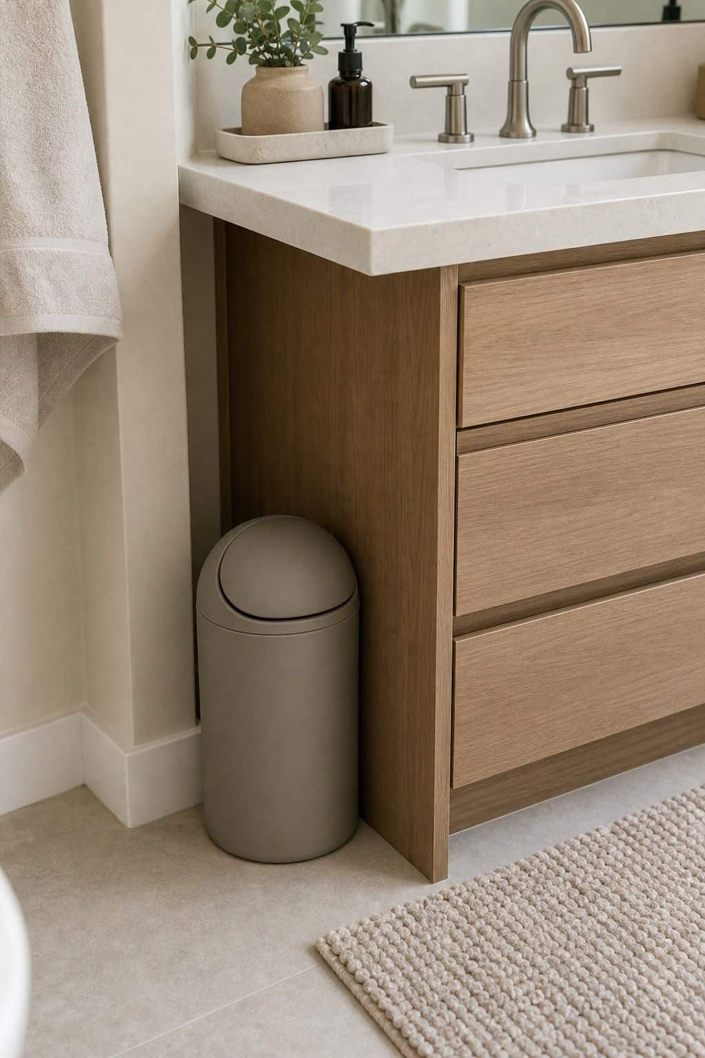 Keep a Small Waste Bin Tucked Beside or Under the Counter shown as a realistic Pretty Wild World image for 15 Bathroom Counter Organization Ideas for a Fresh, Spa-Like Bathroom.
