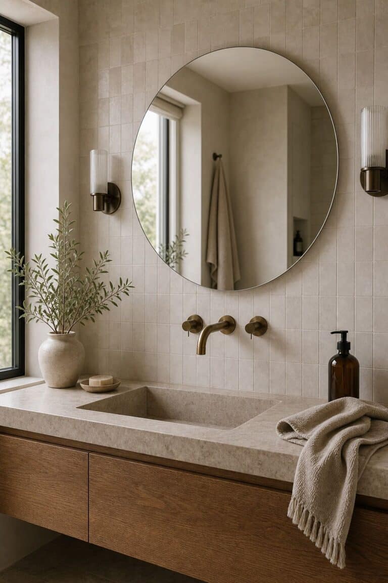 Choose a Round, Frameless Mirror for a Sleek Look shown as a realistic Pretty Wild World image for 15 Bathroom Mirror Ideas for a Fresh, Spa-Like Bathroom.