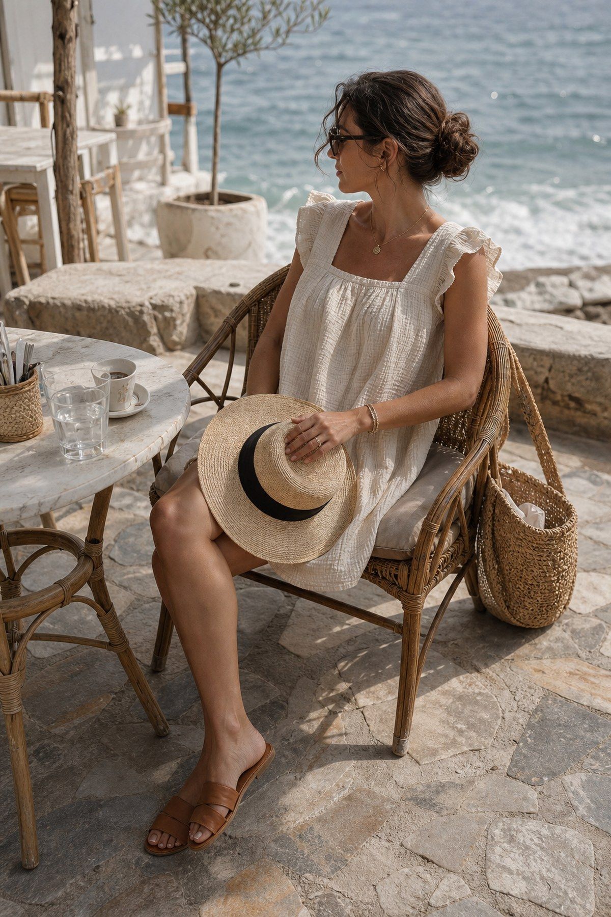 A Gauze Mini With a Straw Hat and Slides shown as a realistic Pretty Wild World image for 15 Beach Dress Outfit Ideas.