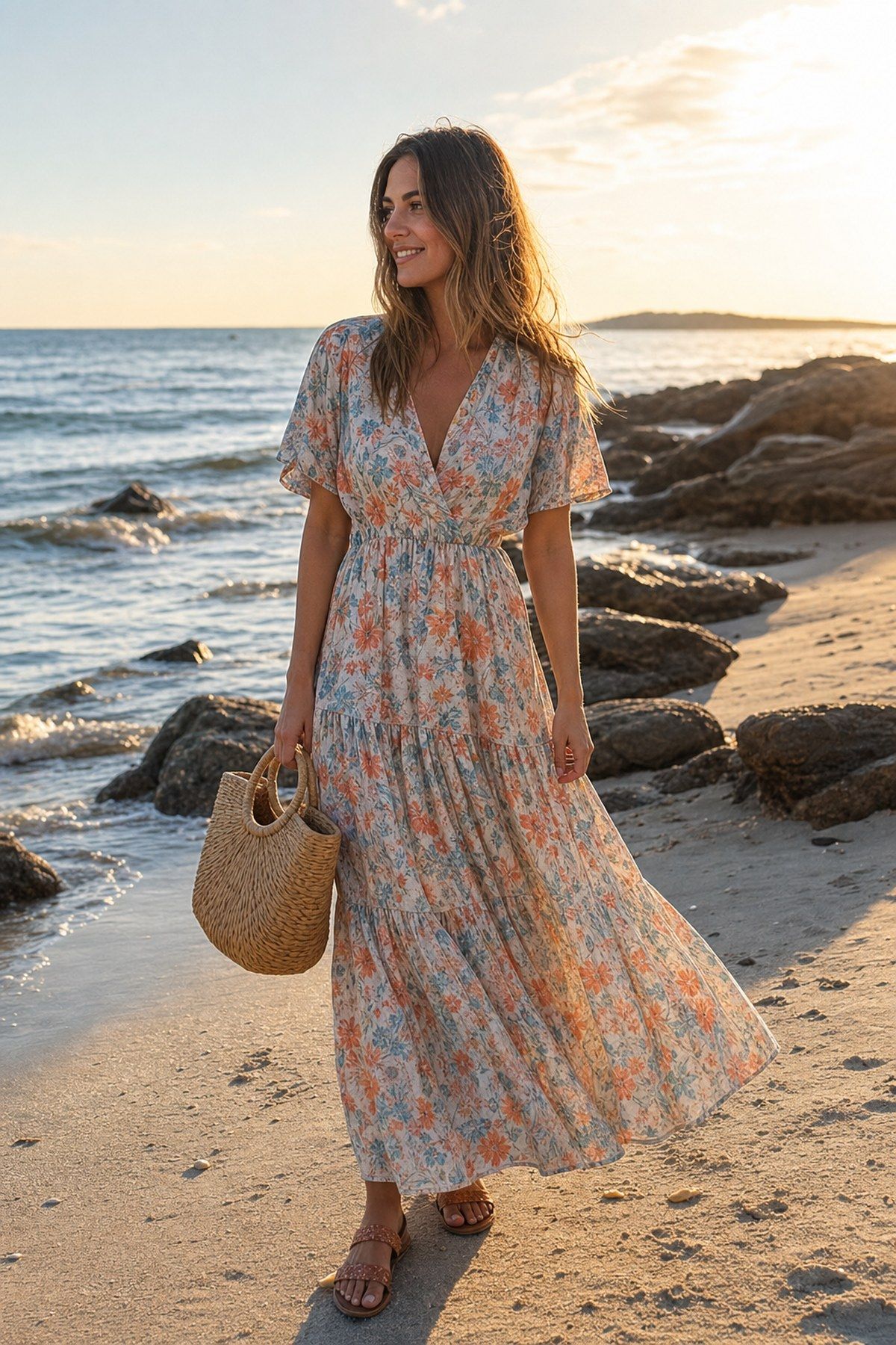 A Printed Maxi for Golden-Hour Photos shown as a realistic Pretty Wild World image for 15 Beach Dress Outfit Ideas.