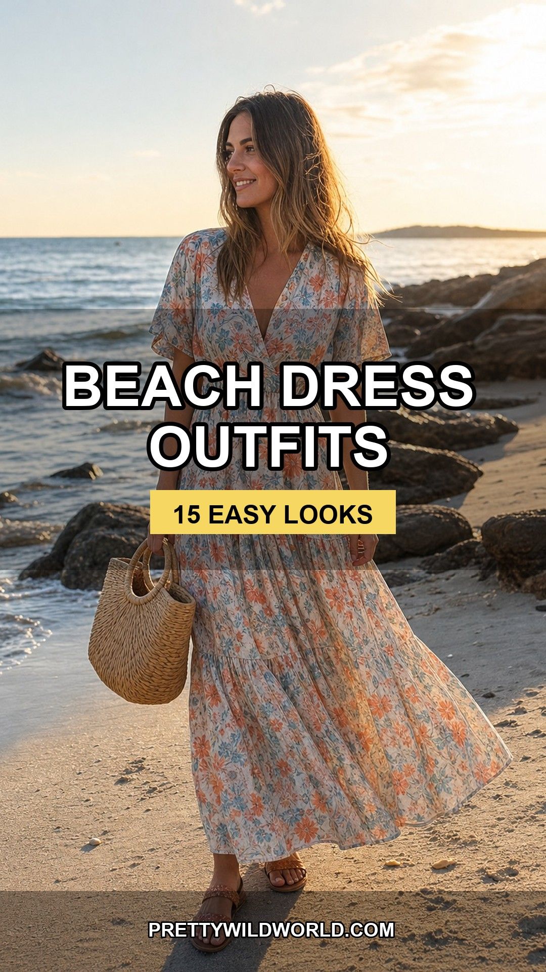 Pinterest pin for 15 Beach Dress Outfit Ideas from Pretty Wild World.
